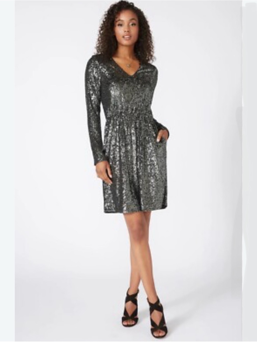Sequin Long-Sleeve V-Neck Cocktail Dress Black/Silver Size XL